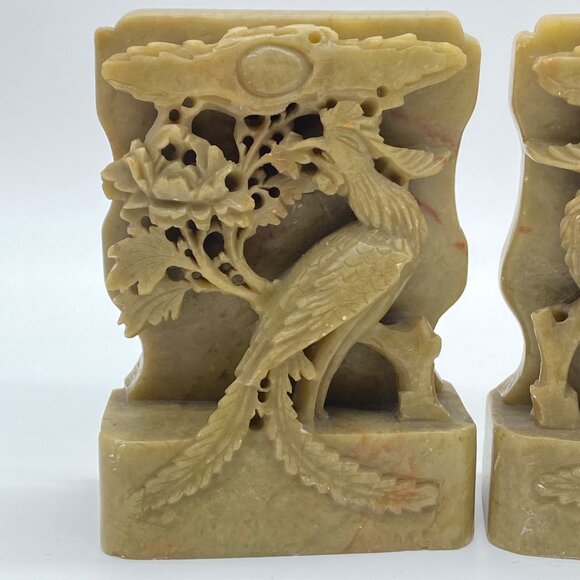 Vintage Pair of Hand-Carved Green Soapstone Bookends Phoenix Bird Lotus Flower - Picture 2 of 16